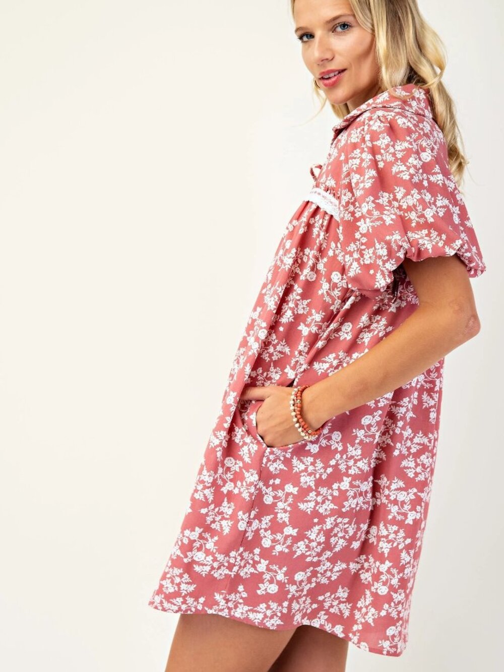 Floral Puff Sleeve Mini Dress with Lace and ribbon detail - Picture 4 of 5
